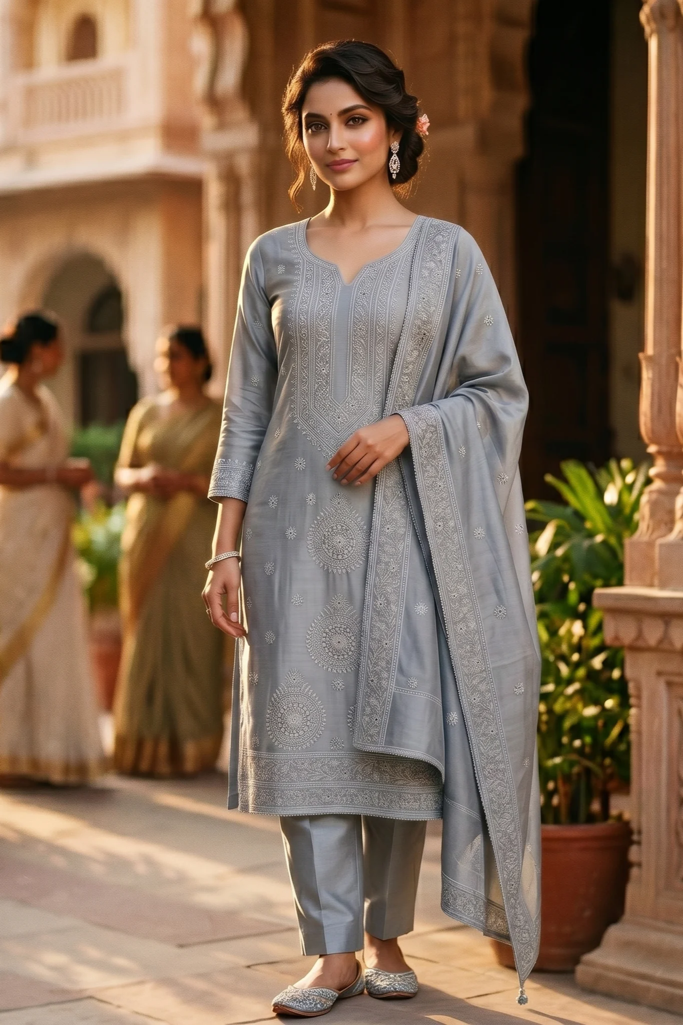 Silver Mist Chanderi Silk Embroidered Unstitched Suit Set