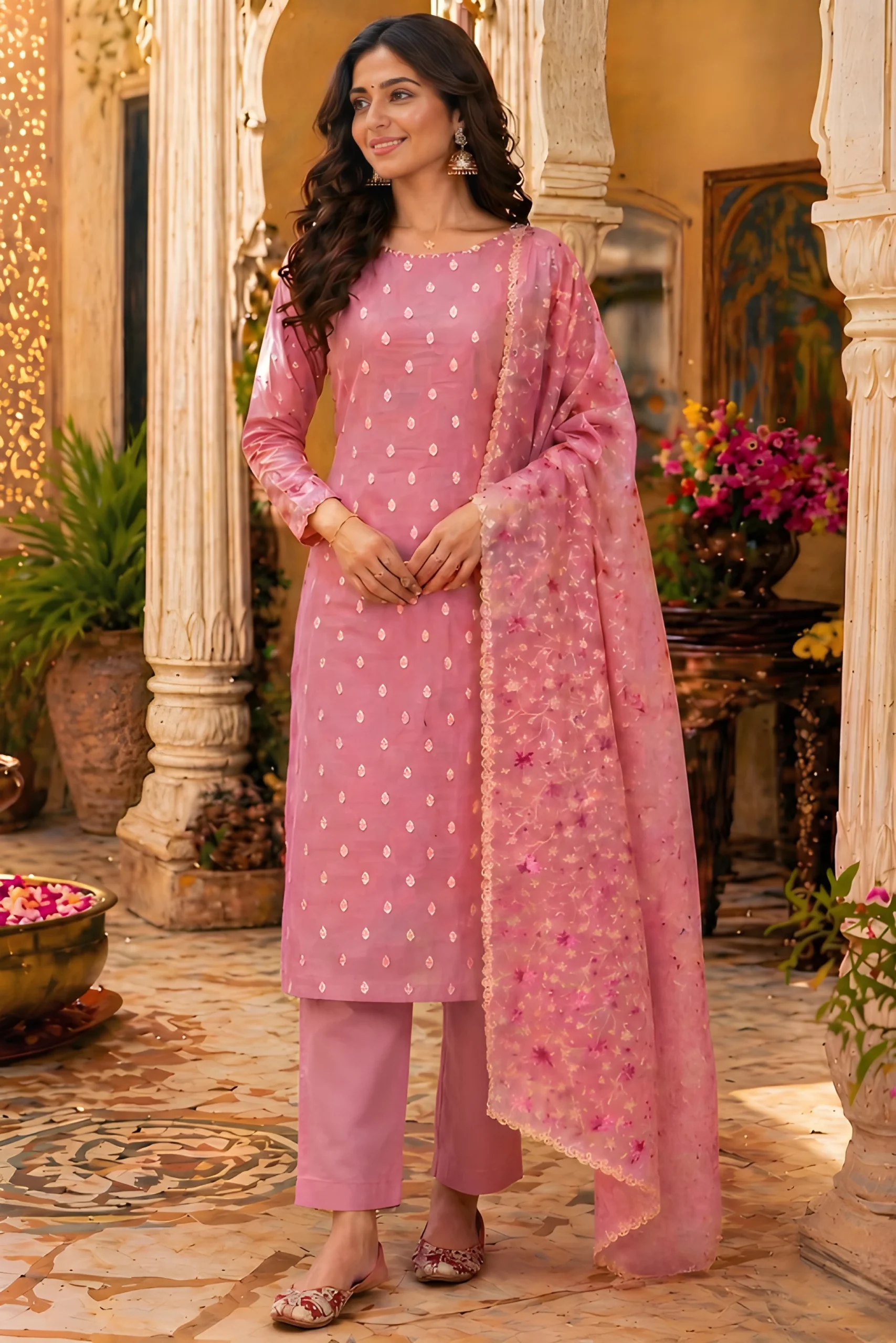 Blush Royale Cotton Unstitched Suit Set with Banarasi Weave & Embroidered Dupatta