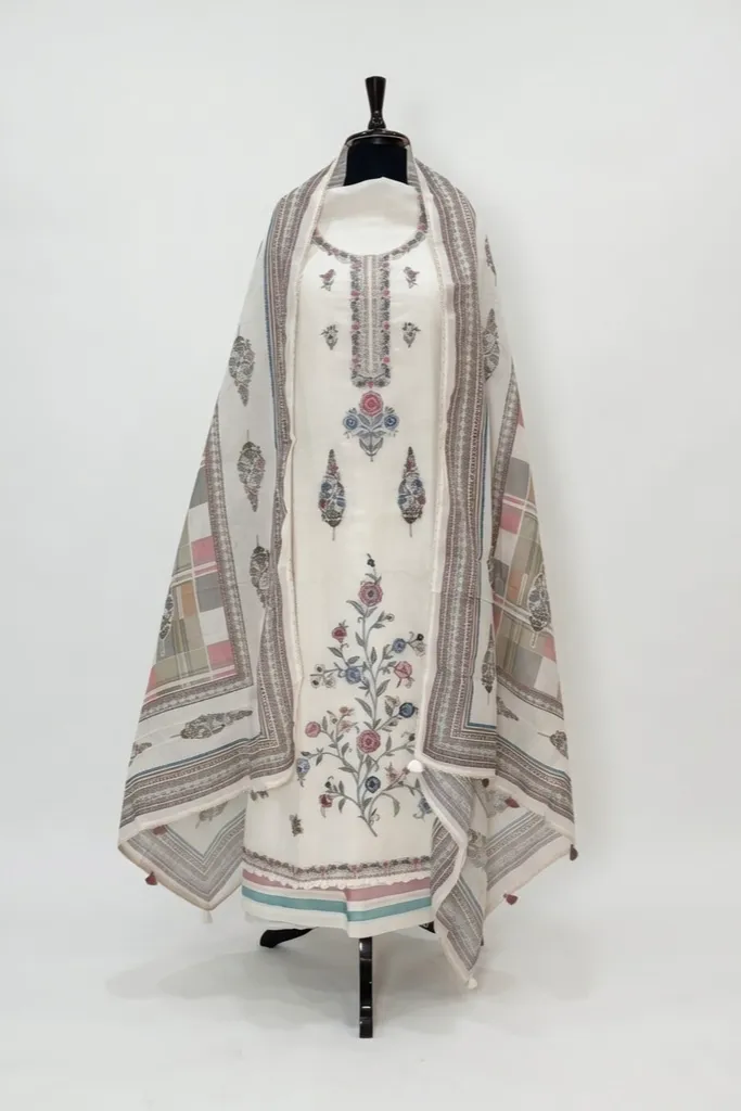 Ivory Bloom Linen Embroidered Unstitched Suit Set - Image 2