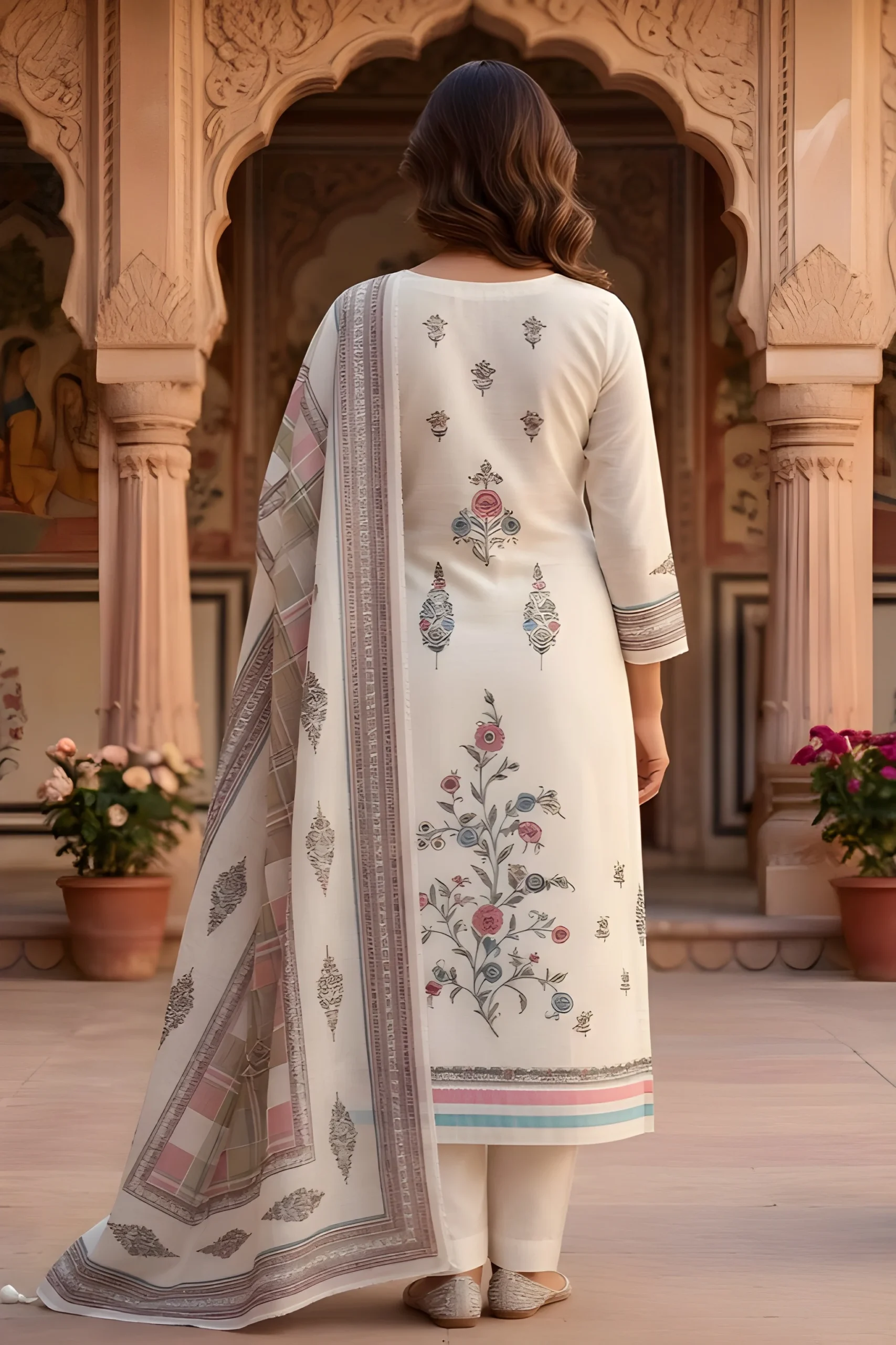 Ivory Bloom Linen Embroidered Unstitched Suit Set - Image 6