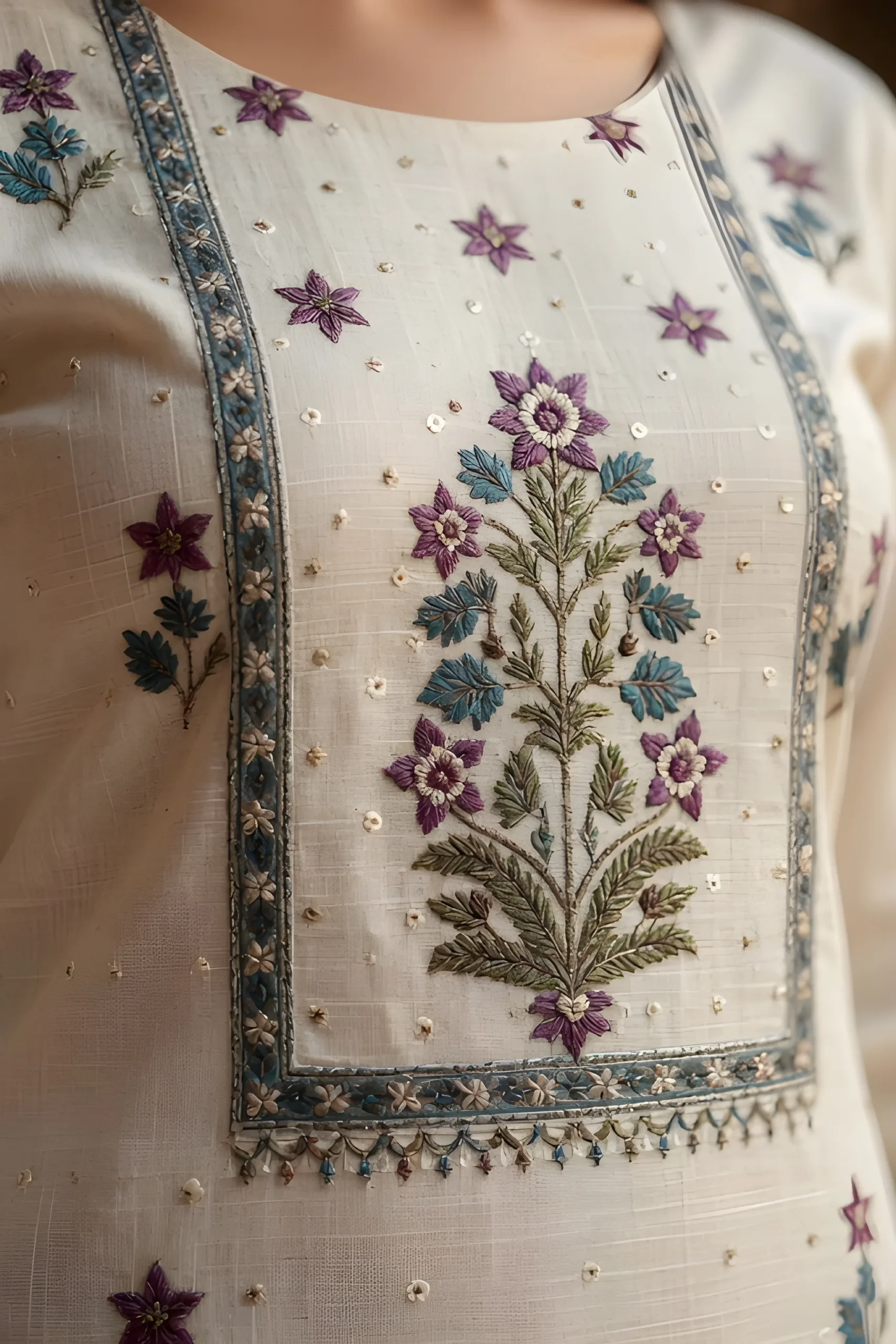 Ivory Bloom Linen Unstitched Suit Set with Printed Dupatta - Image 7