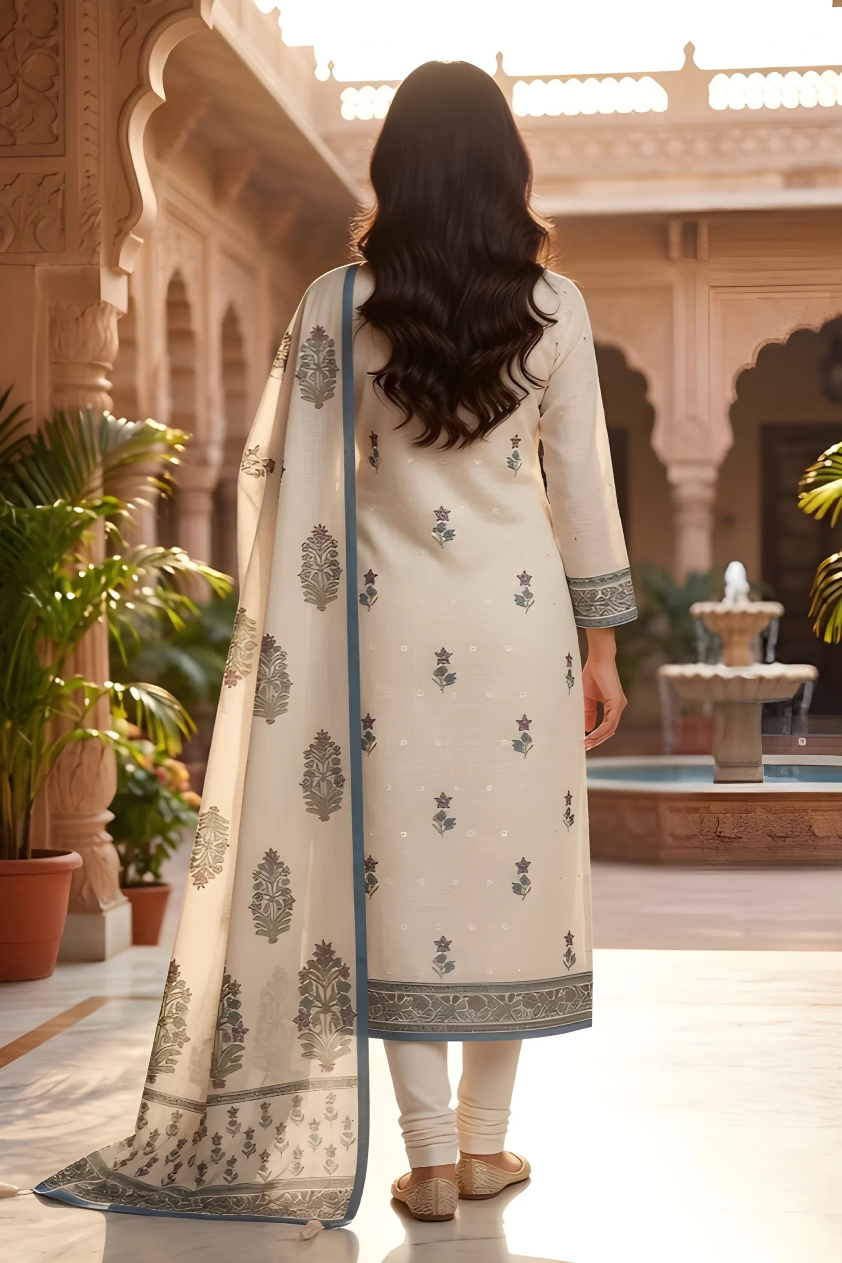 Ivory Bloom Linen Unstitched Suit Set with Printed Dupatta - Image 6