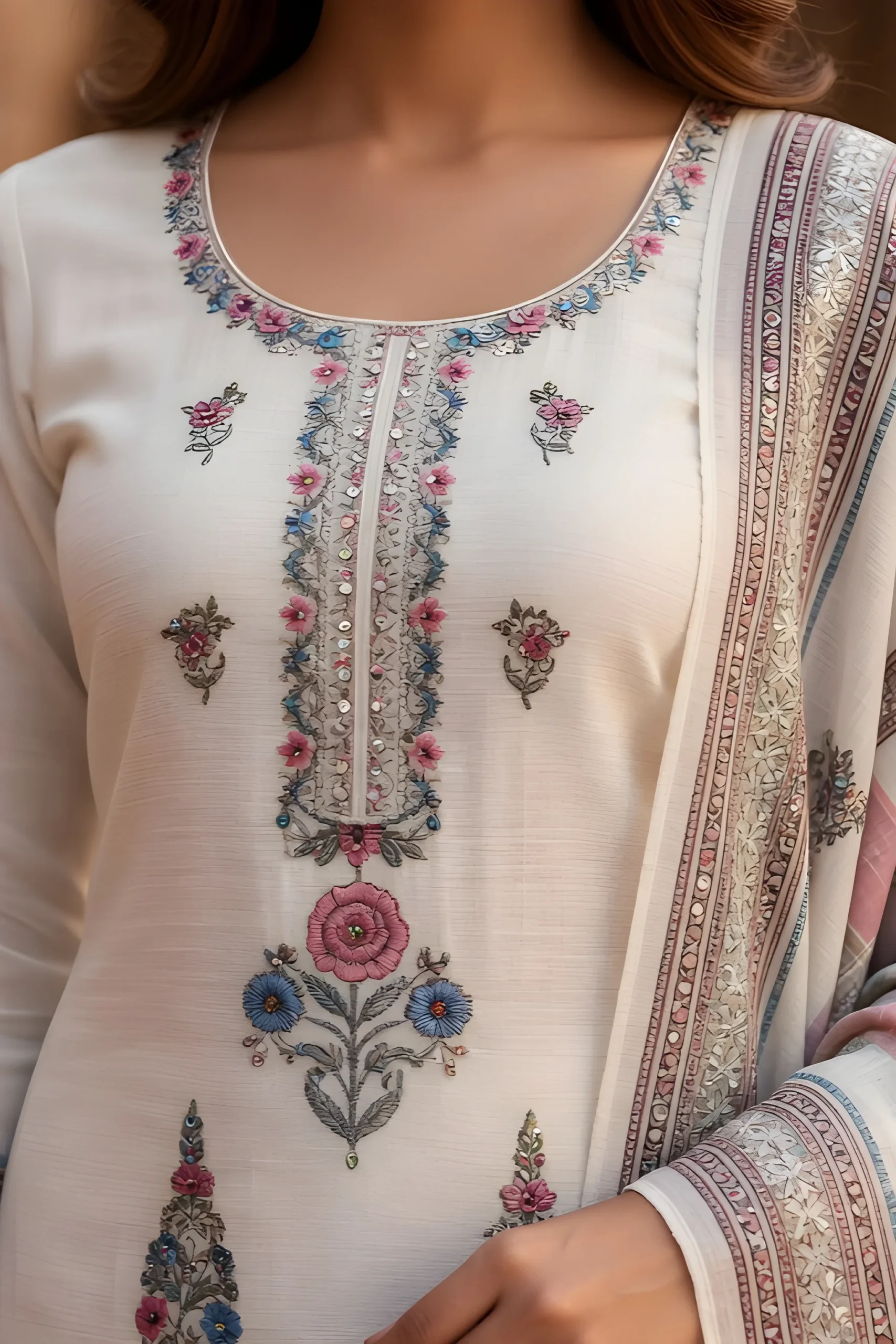 Ivory Bloom Linen Embroidered Unstitched Suit Set - Image 7