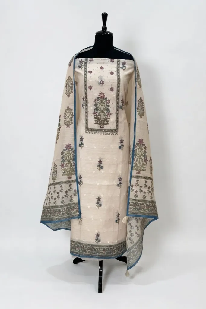 Ivory Bloom Linen Unstitched Suit Set with Printed Dupatta - Image 2
