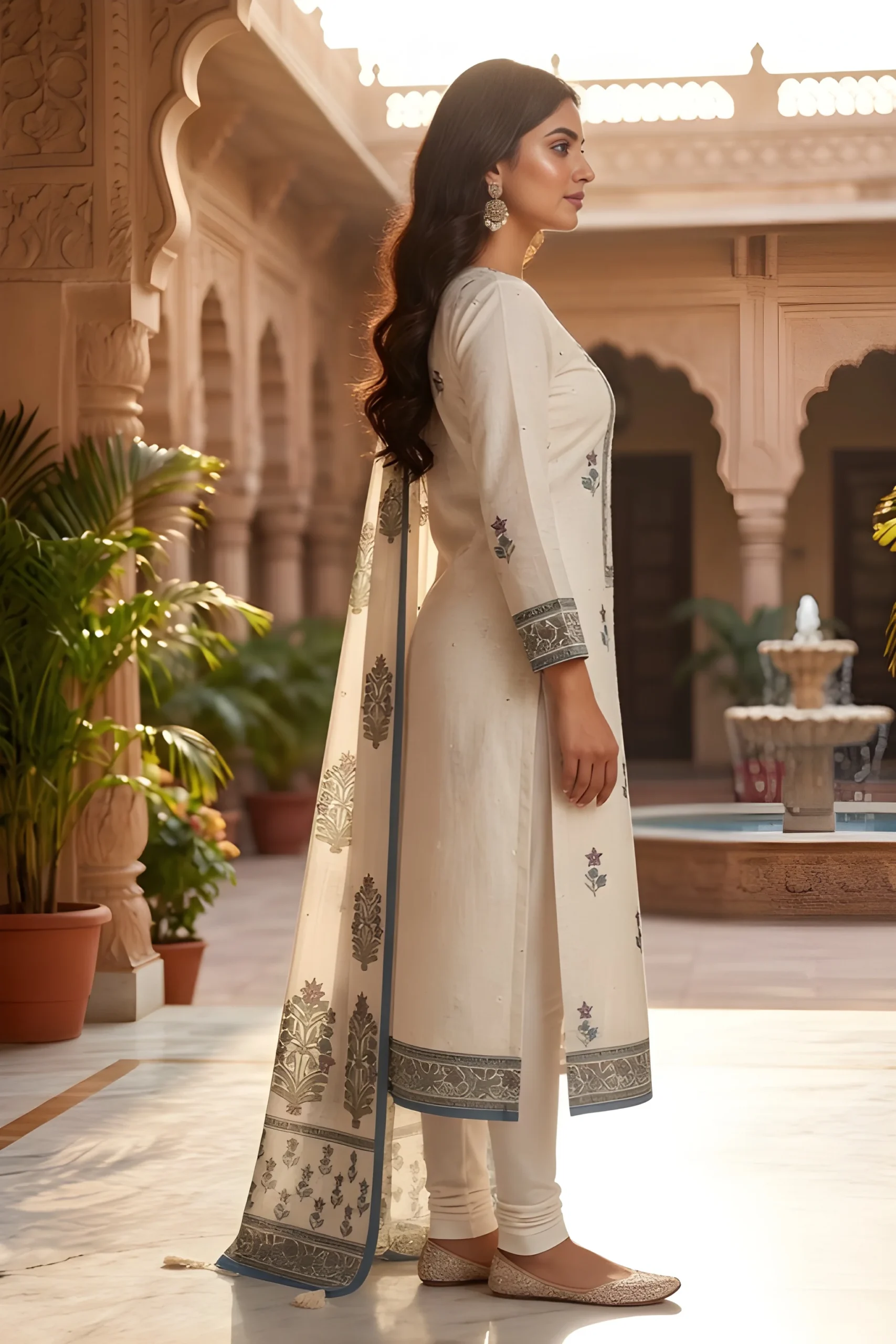 Ivory Bloom Linen Unstitched Suit Set with Printed Dupatta - Image 3