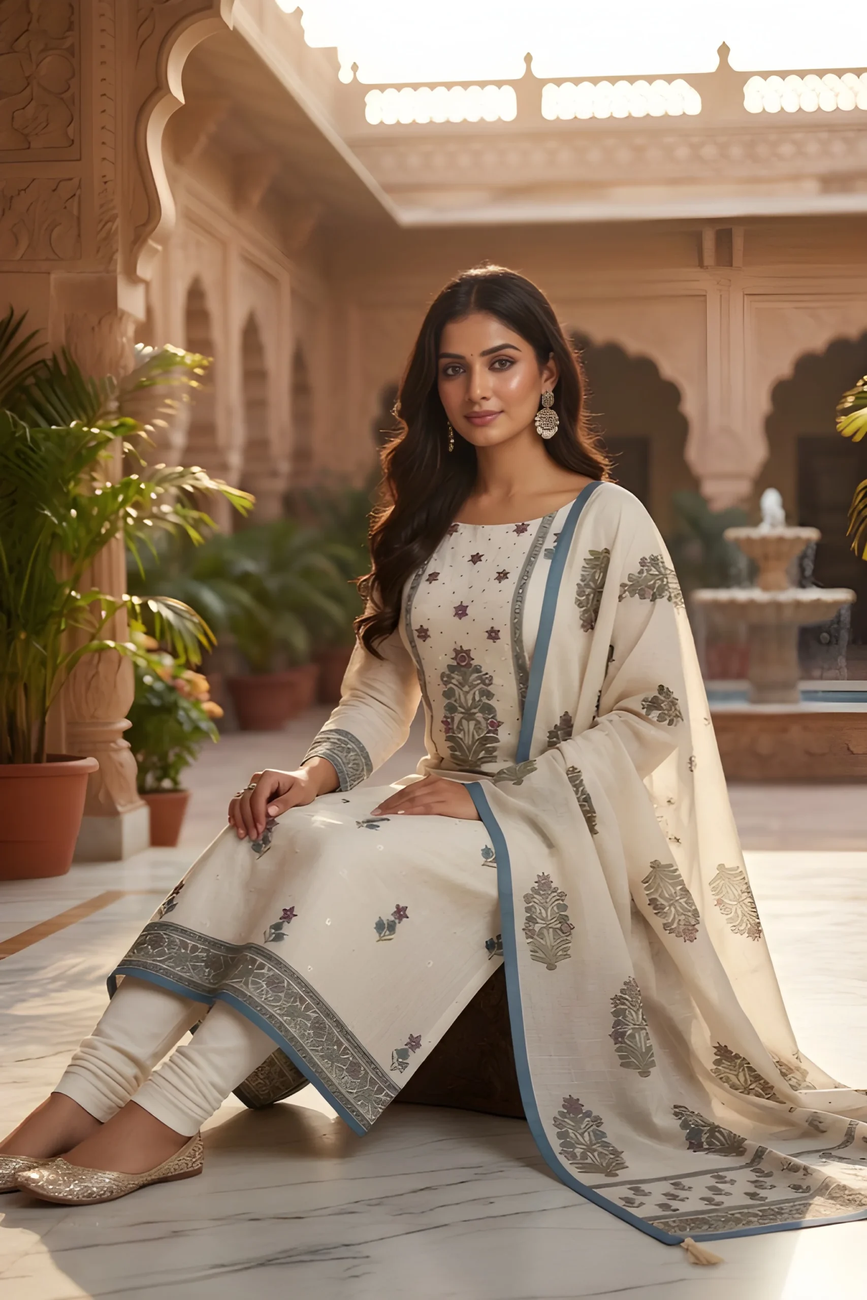 Ivory Bloom Linen Unstitched Suit Set with Printed Dupatta - Image 5