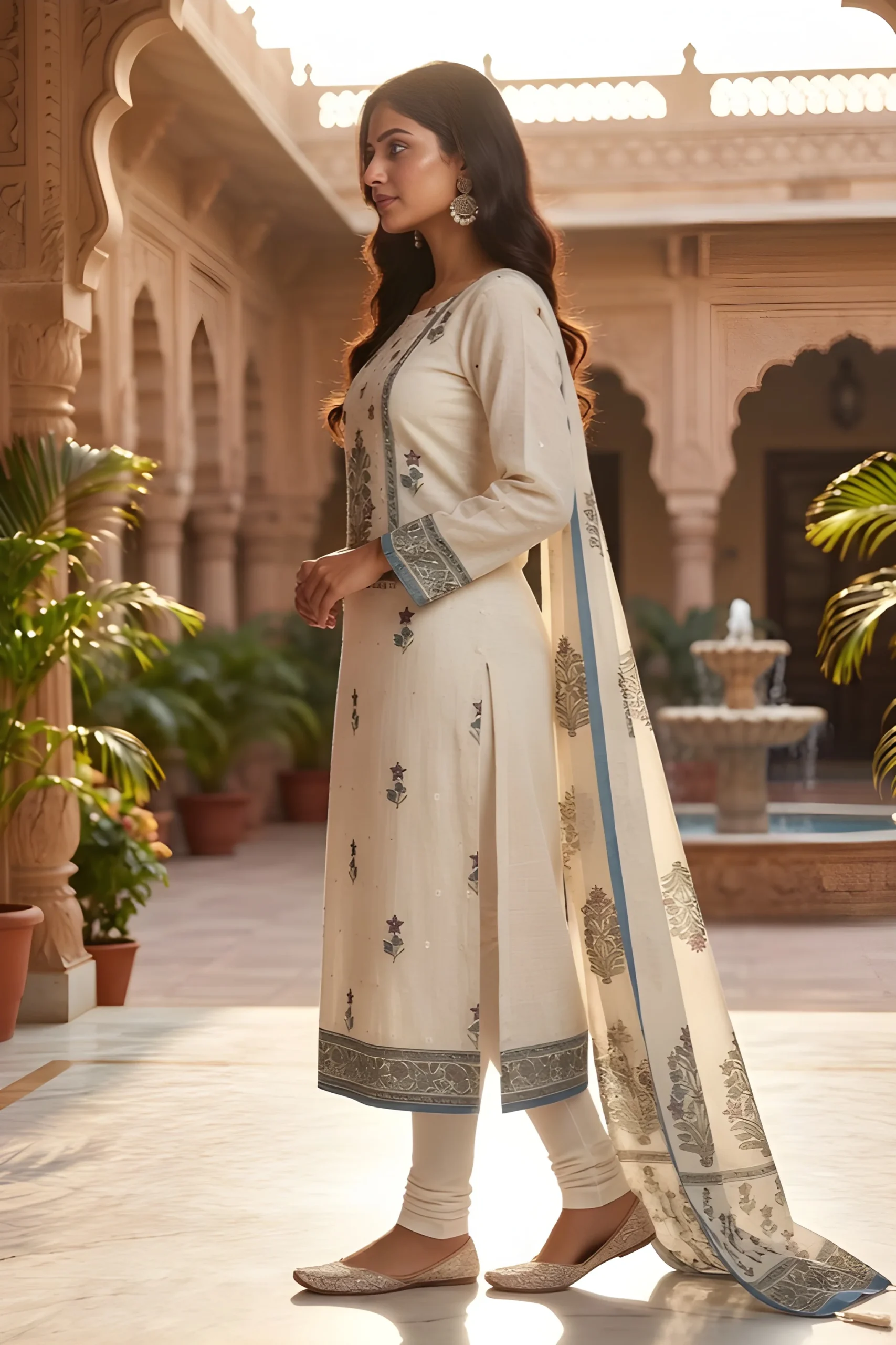 Ivory Bloom Linen Unstitched Suit Set with Printed Dupatta - Image 4