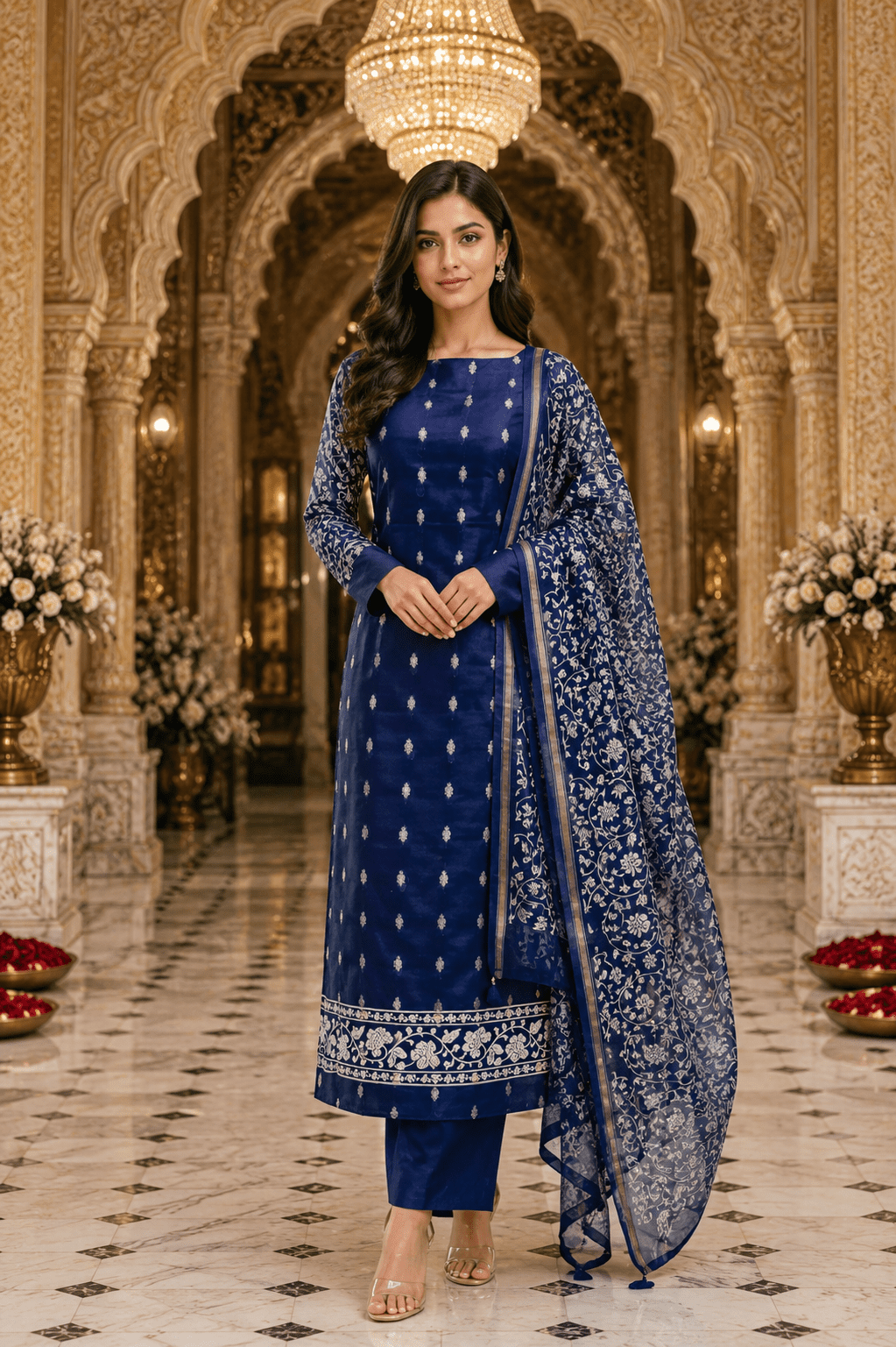 Royal Navy Chanderi Silk Zari Booti Unstitched Suit Set