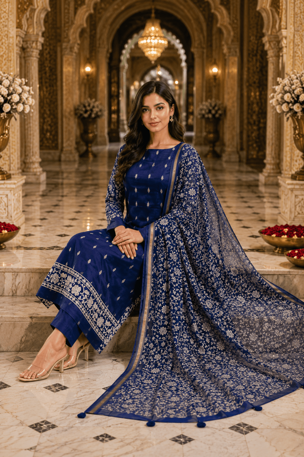 Royal Navy Chanderi Silk Zari Booti Unstitched Suit Set - Image 5