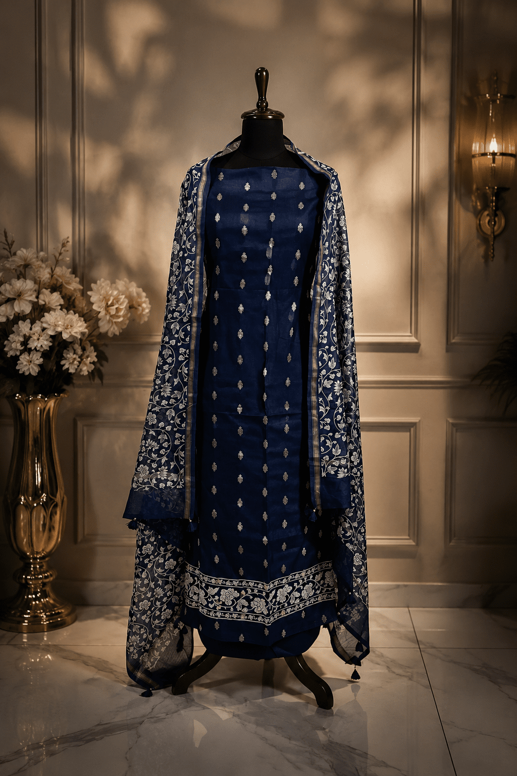 Royal Navy Chanderi Silk Zari Booti Unstitched Suit Set - Image 6