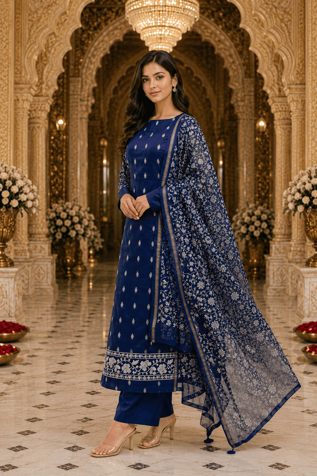 Royal Navy Chanderi Silk Zari Booti Unstitched Suit Set - Image 3