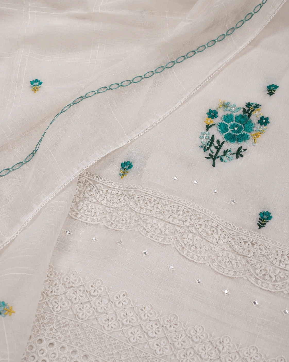 Ivory Bloom Embroidered Cotton Suit Set with Embroidered Dupatta - Image 5