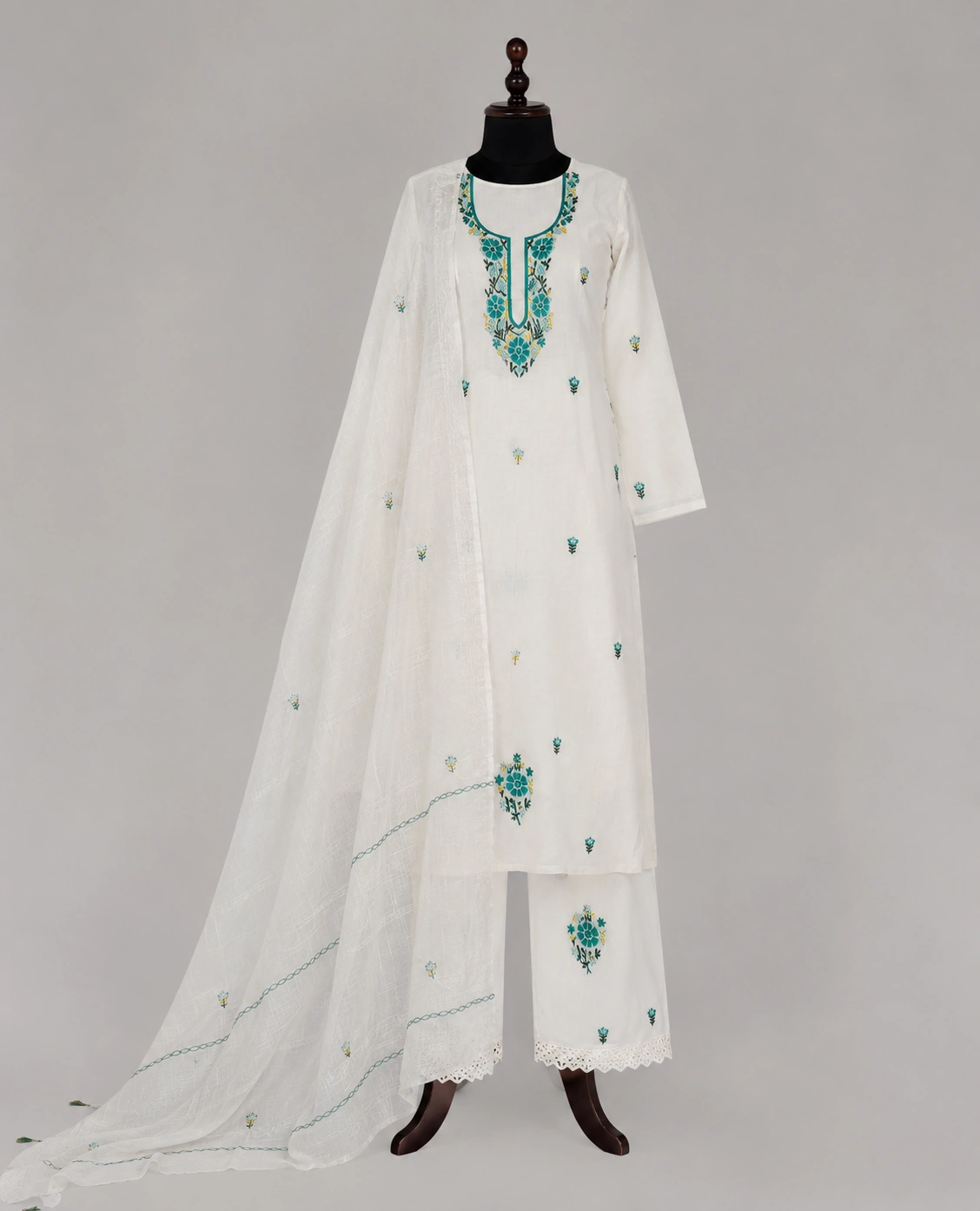Ivory Bloom Embroidered Cotton Suit Set with Embroidered Dupatta - Image 6
