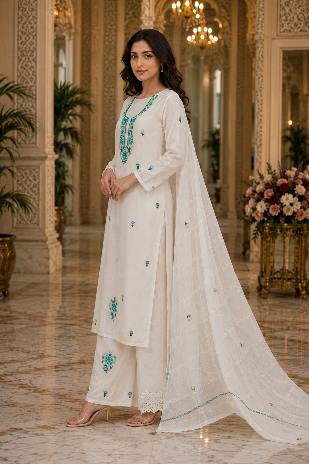 Ivory Bloom Embroidered Cotton Suit Set with Embroidered Dupatta - Image 3
