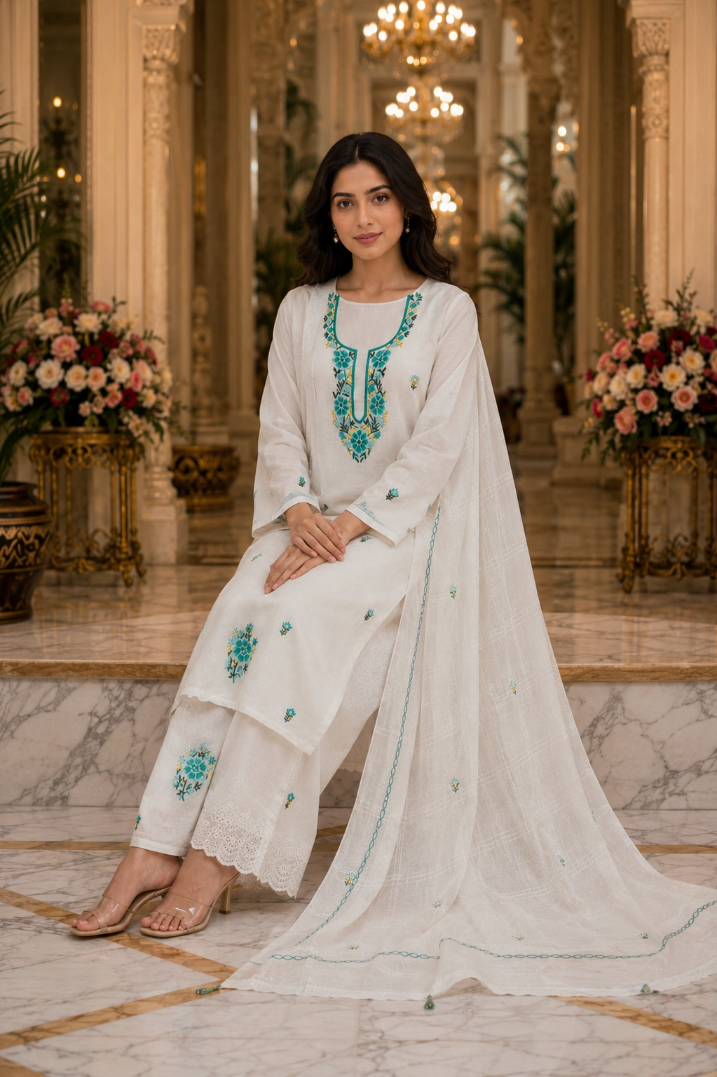 Ivory Bloom Embroidered Cotton Suit Set with Embroidered Dupatta - Image 4