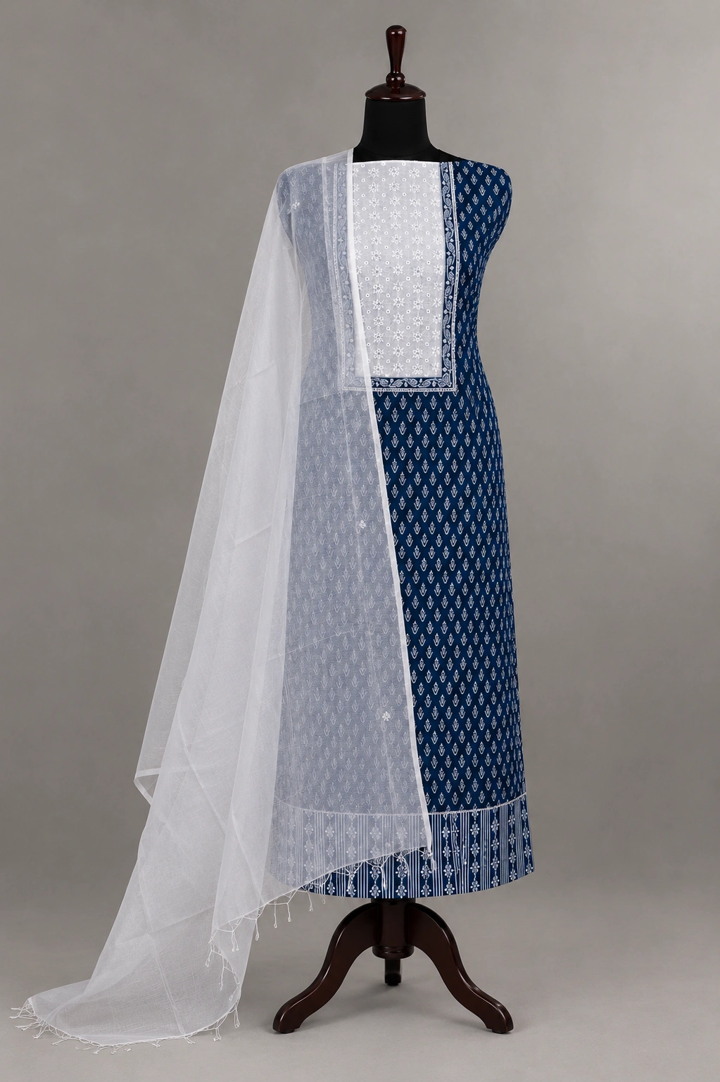 Royal Blue Cotton Embroidered Neck Women’s Ethnic Suit with White Dupatta - Image 6