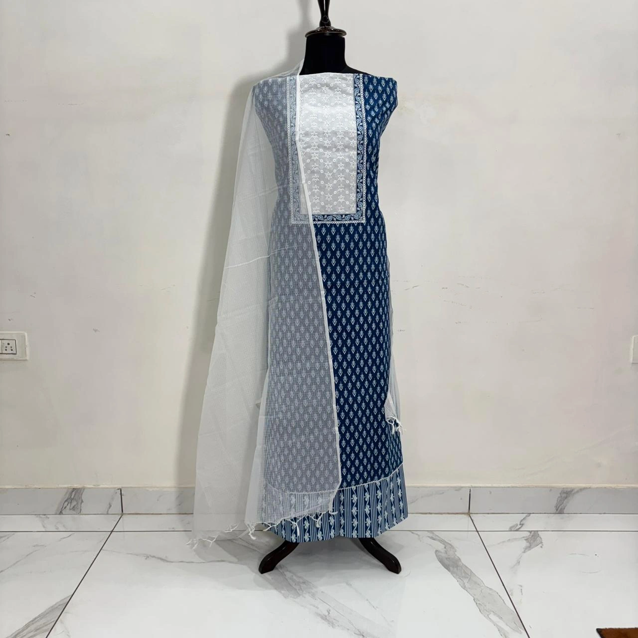 Royal Blue Cotton Embroidered Neck Women’s Ethnic Suit with White Dupatta - Image 7