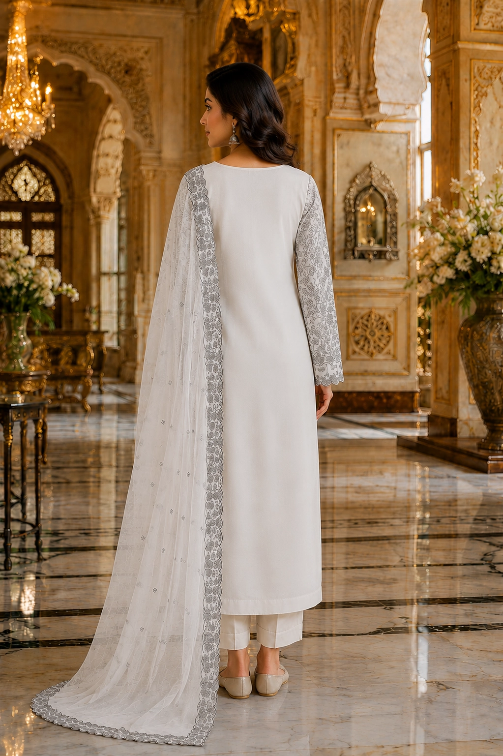 Ivory Blossom Cotton Suit Set with Black Floral Print Dupatta - Image 3