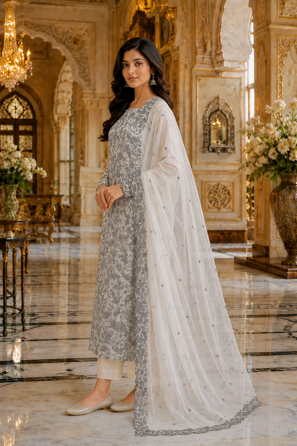 Ivory Blossom Cotton Suit Set with Black Floral Print Dupatta - Image 2