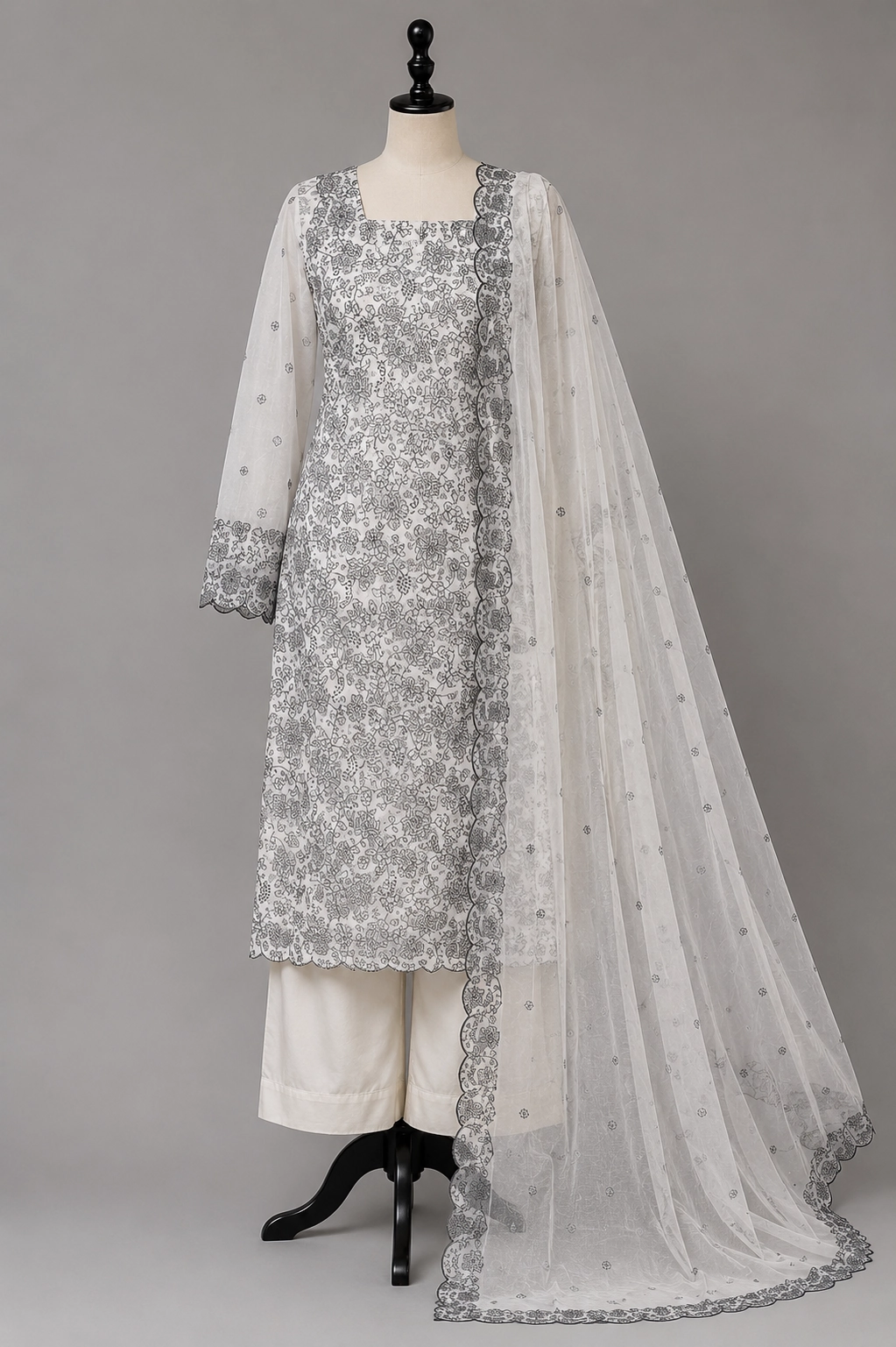 Ivory Blossom Cotton Suit Set with Black Floral Print Dupatta - Image 6