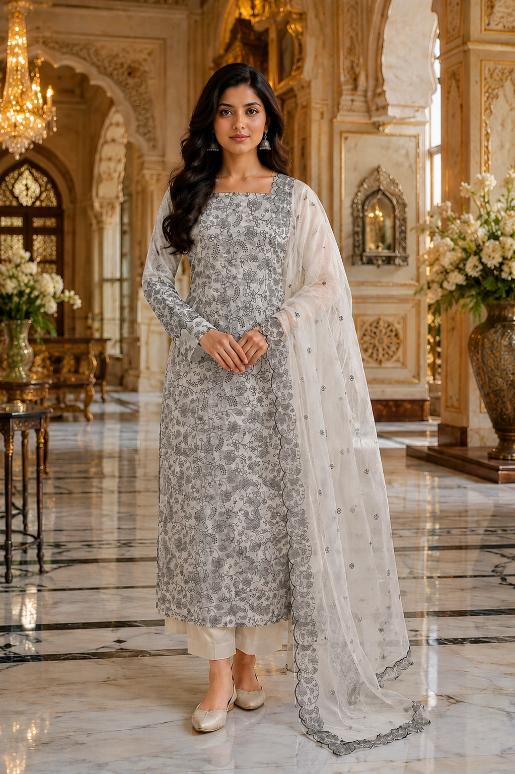 Ivory Blossom Cotton Suit Set with Black Floral Print Dupatta
